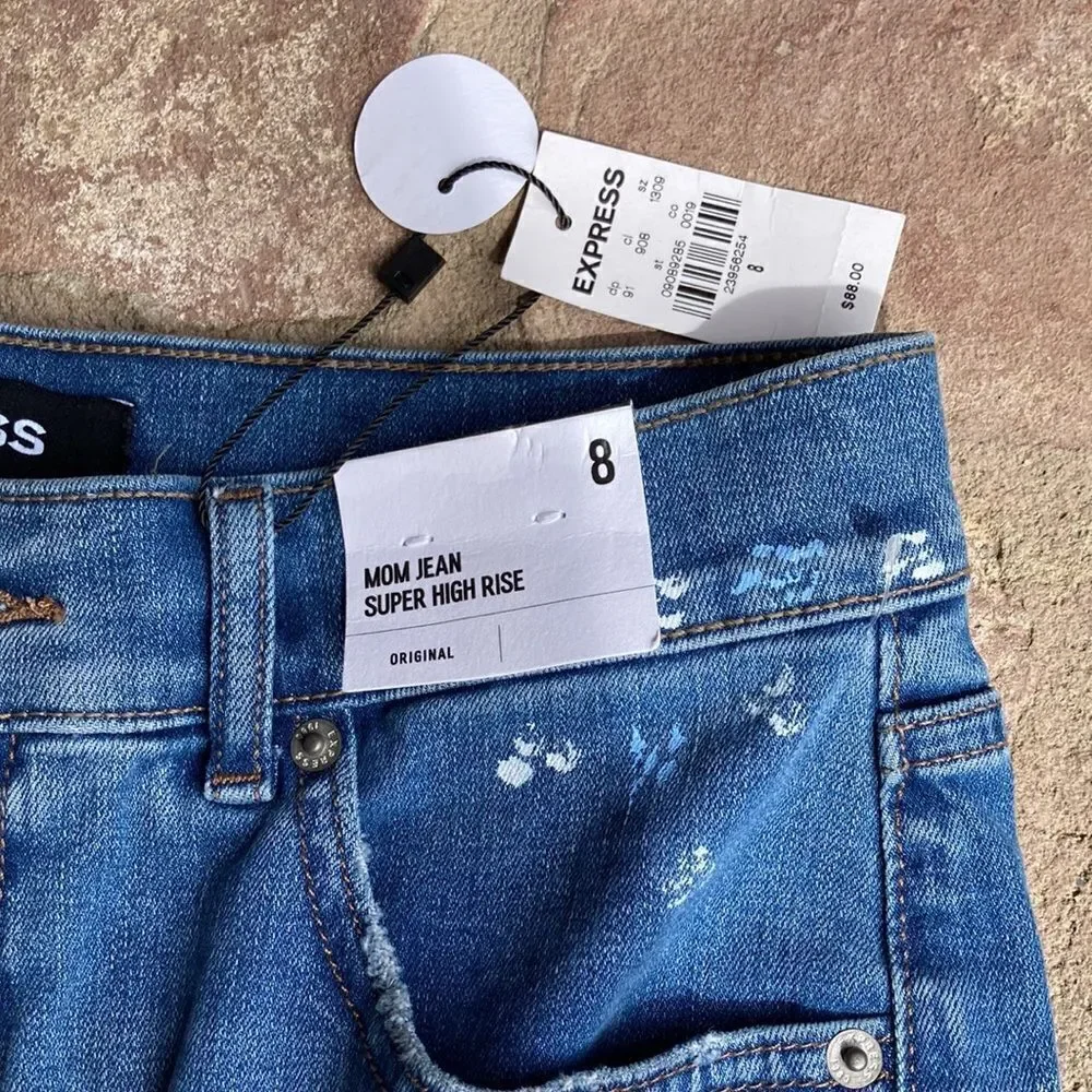 New Express Paint Splatter Super High Rise 12” Mom Jeans Size 8 - Picture 5 of 14